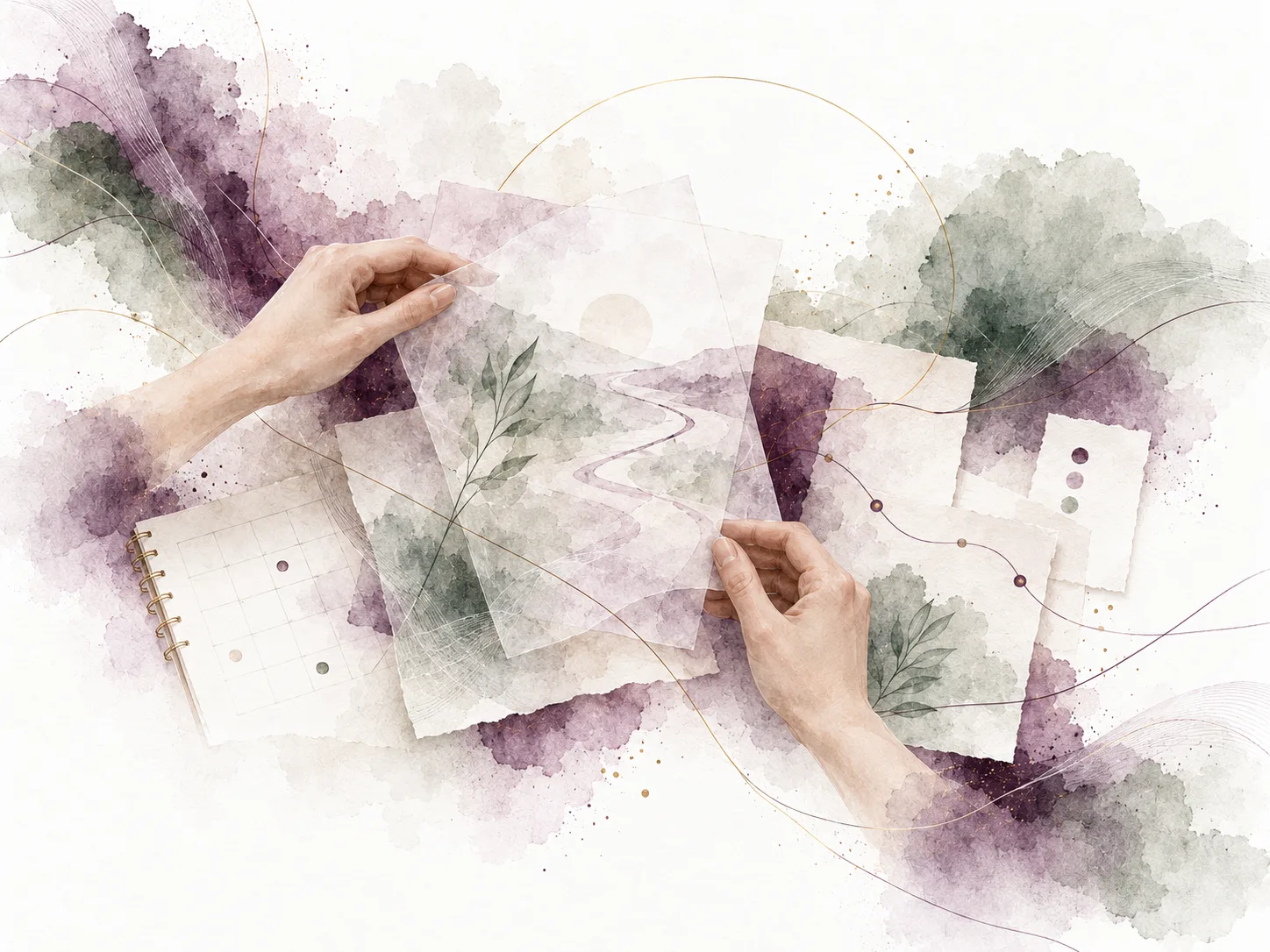 Des mains relient et organisent un chemin de matière aquarellée, dans l’univers Filigrana.