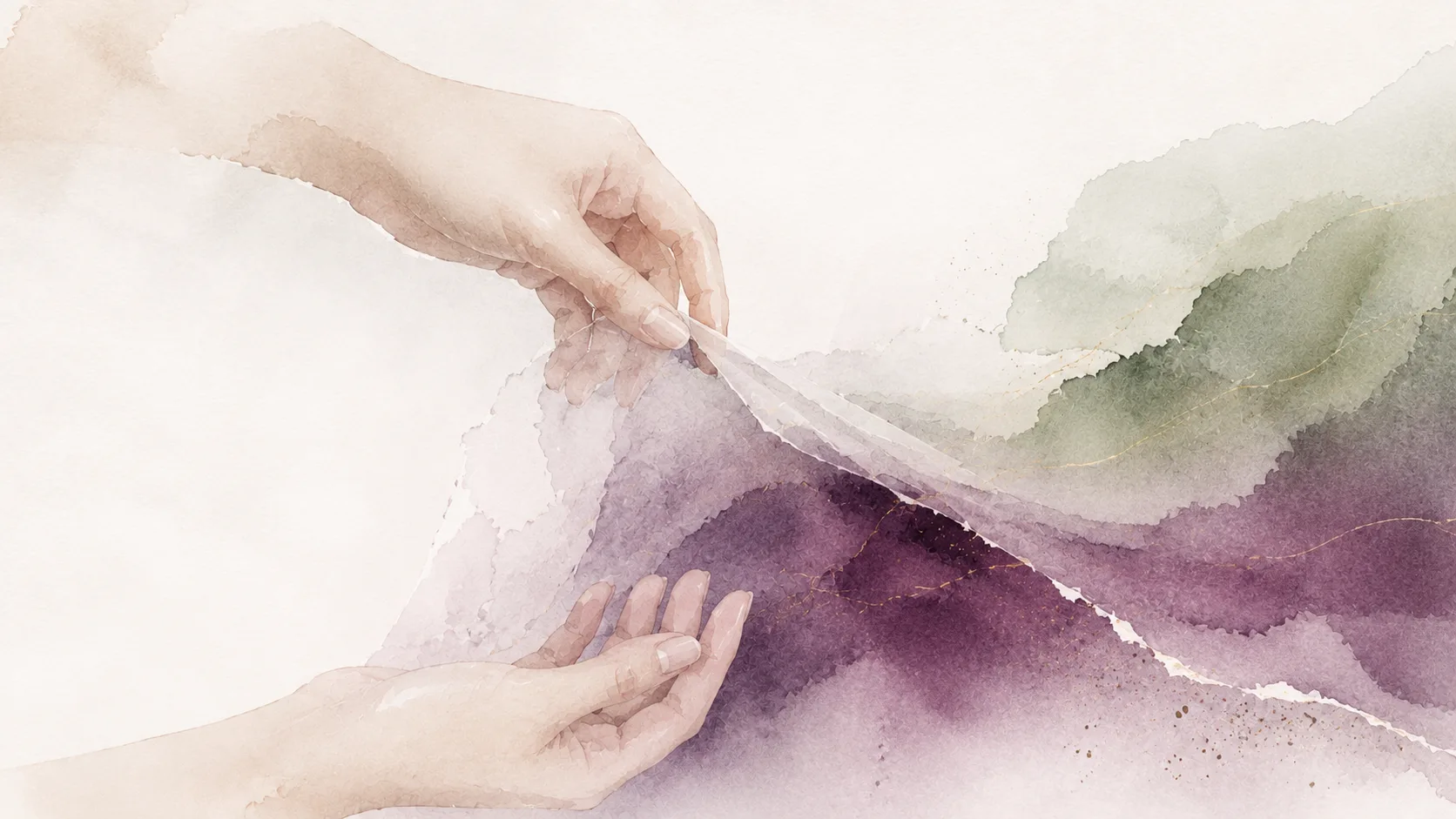 Des mains soulèvent délicatement des voiles aquarellés pour révéler des fils reliés.